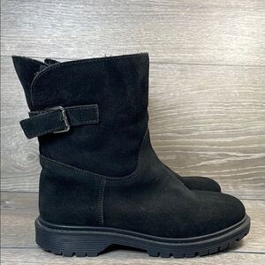 Skechers Black Leather Women’s Sz 6.5 Pull On Buckle Faux Fur Lined Ankle Boots